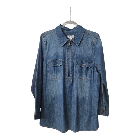 D&Co. Tops - d & co Womens Size L Chambrey Shirt Top Collared 1/2 Zip Front Flap Pockets